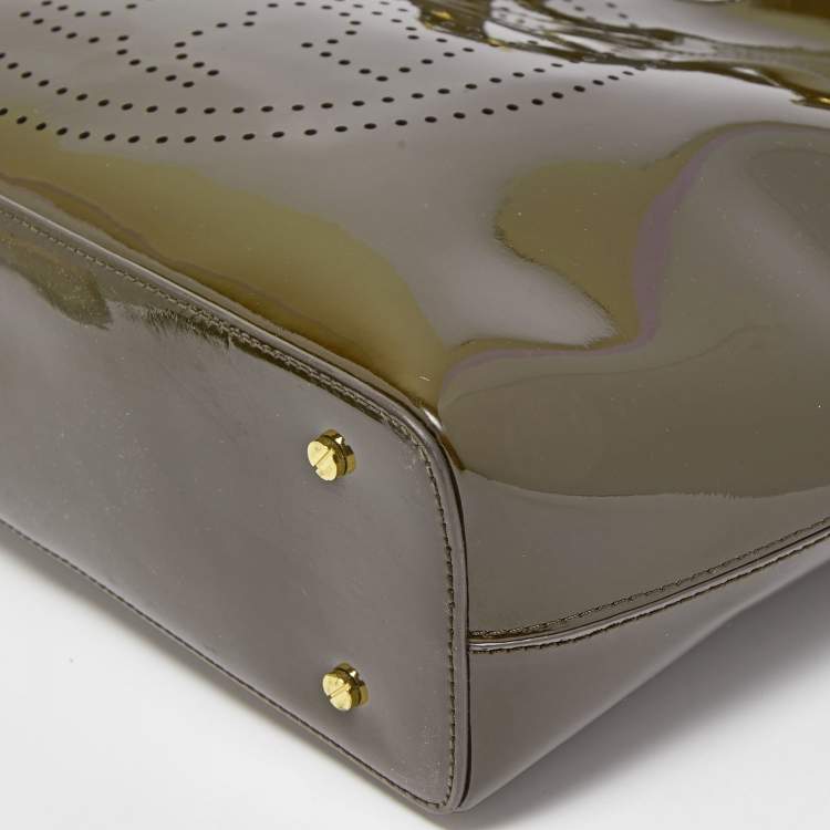 Pre Owned Tory Burch Dark Olive Green Patent Leather Perforated Tote