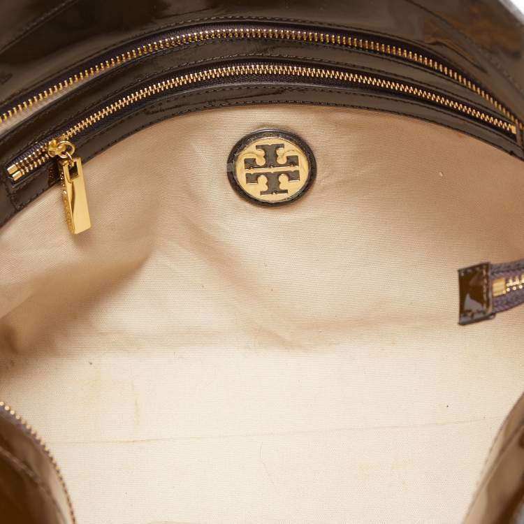 Pre Owned Tory Burch Dark Olive Green Patent Leather Perforated Tote