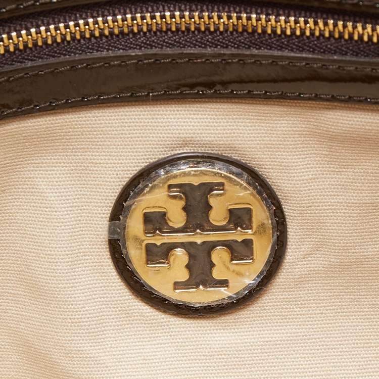 Pre Owned Tory Burch Dark Olive Green Patent Leather Perforated Tote