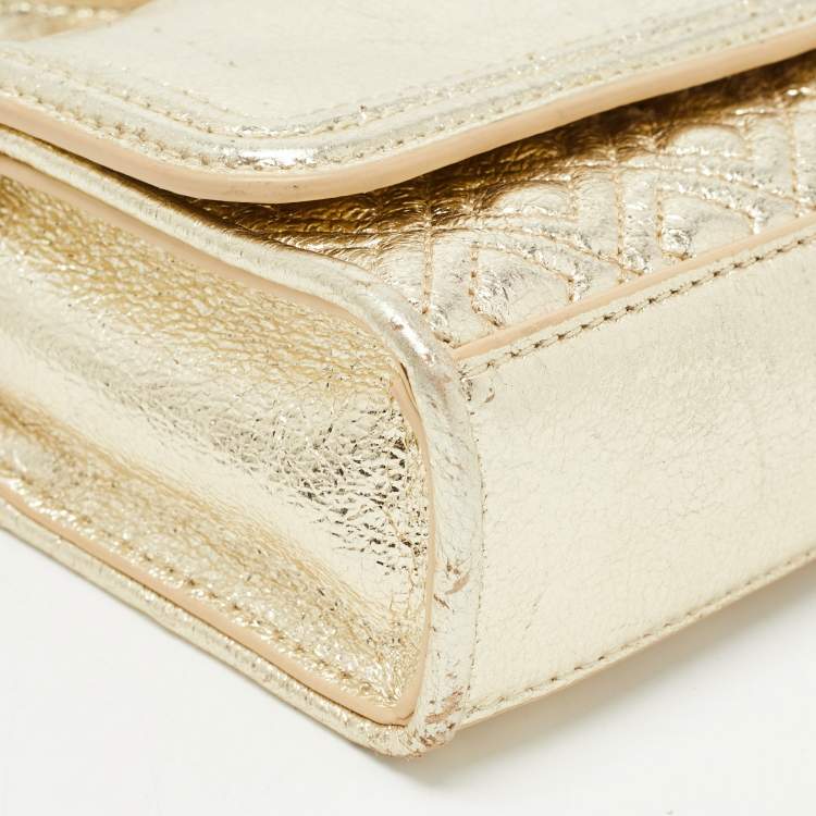 Pre Owned Tory Burch Gold Leather Mini Fleming Shoulder Bag