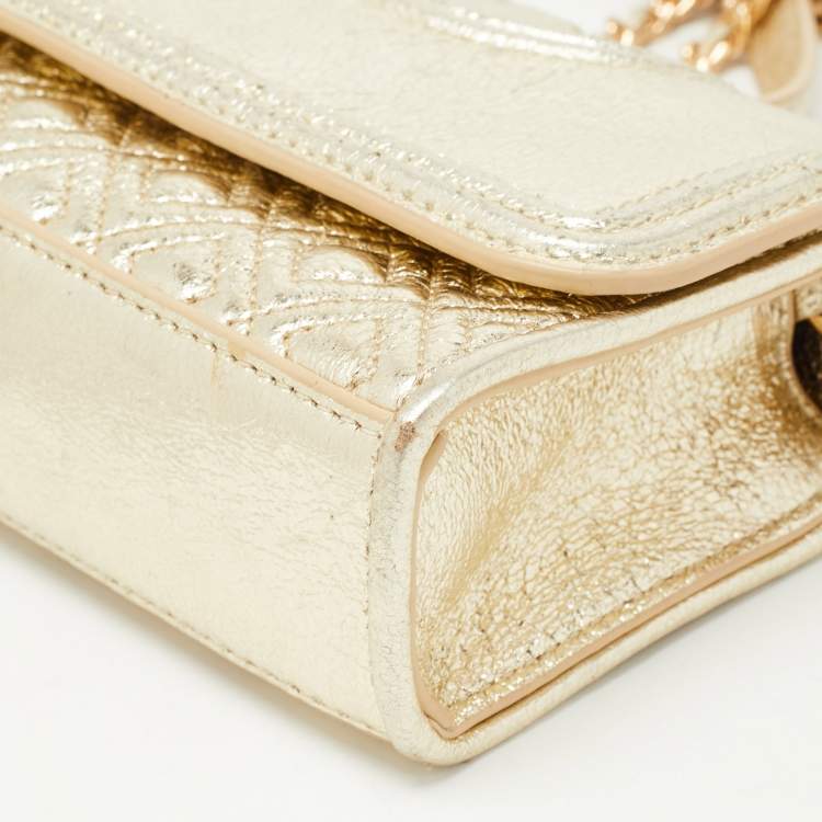 Pre Owned Tory Burch Gold Leather Mini Fleming Shoulder Bag