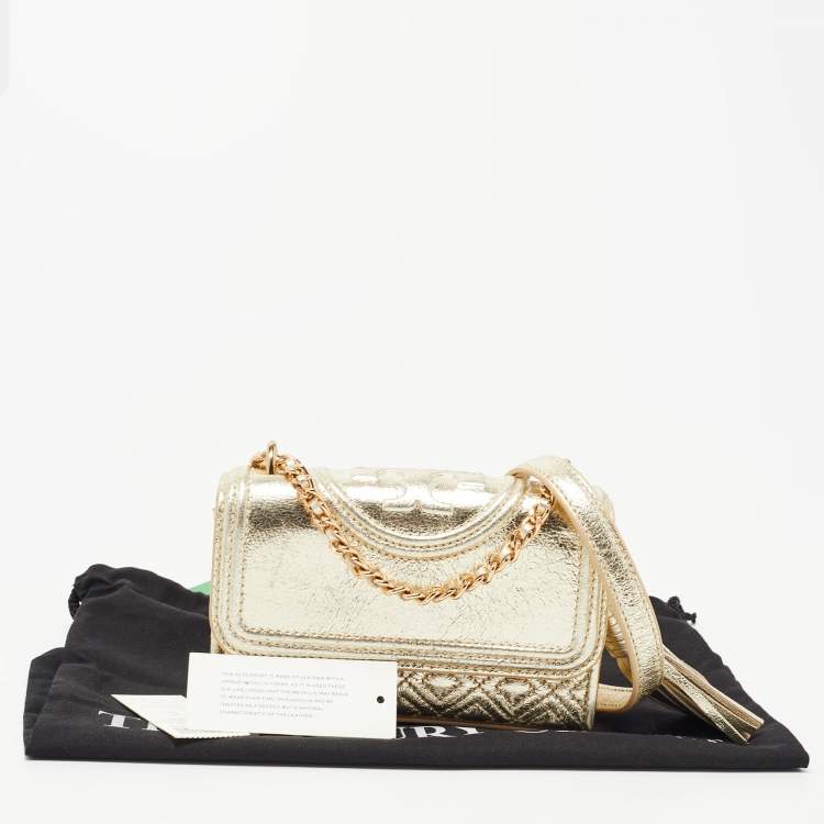 Pre Owned Tory Burch Gold Leather Mini Fleming Shoulder Bag