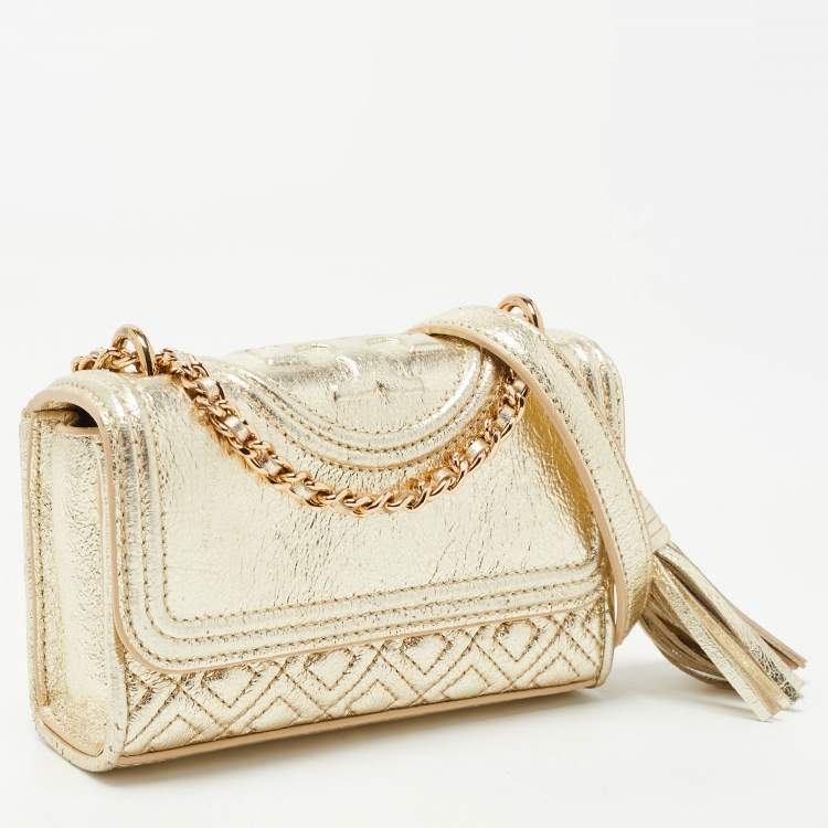 Pre Owned Tory Burch Gold Leather Mini Fleming Shoulder Bag