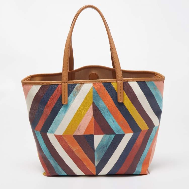 Pre Owned Tory Burch Multicolor Diamond Stripe Coated Canvas and Leather Kerrington Tote