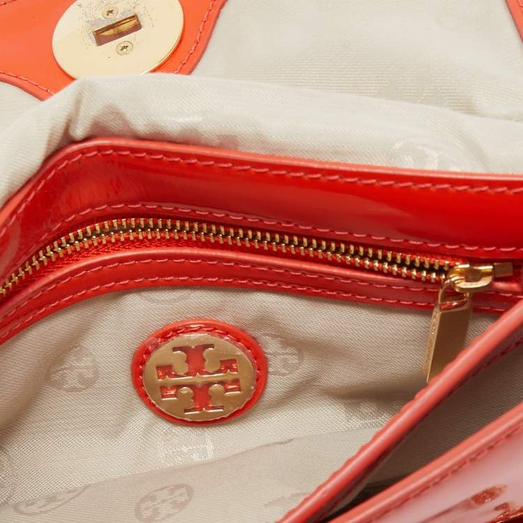 Pre Owned Tory Burch Orange Patent Leather Adalyn Crossbody Bag
