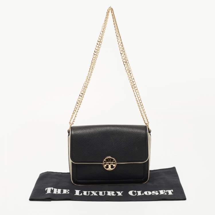 Pre Owned Tory Burch Black/Cream Leather Chelsea Shoulder Bag