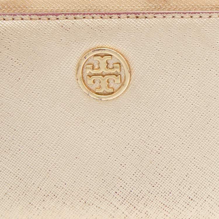 Pre Owned Tory Burch Gold Leather Zip Around Wristlet Wallet