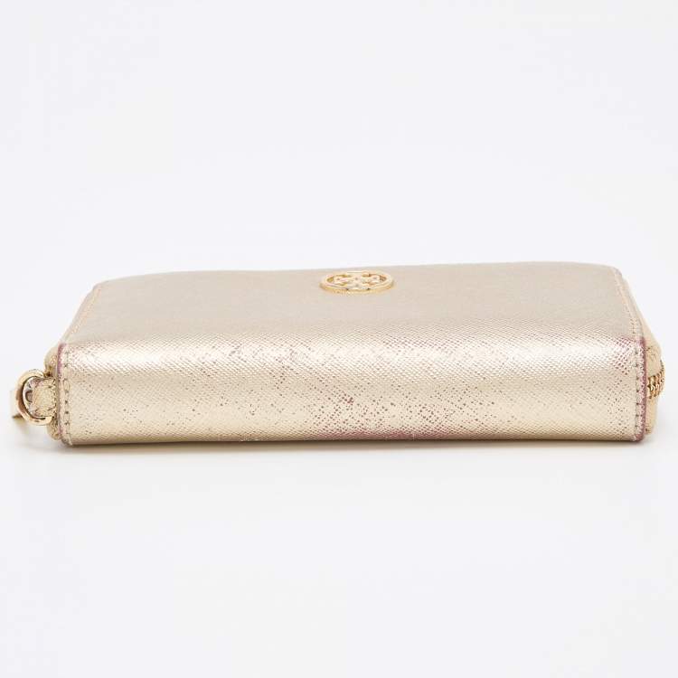 Pre Owned Tory Burch Gold Leather Zip Around Wristlet Wallet