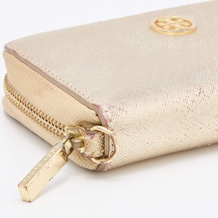 Pre Owned Tory Burch Gold Leather Zip Around Wristlet Wallet
