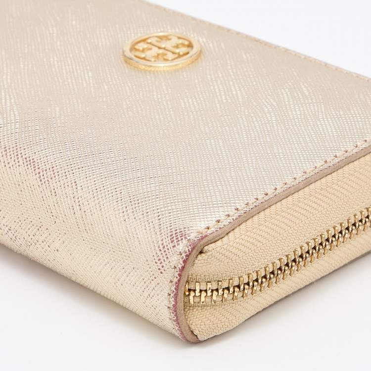 Pre Owned Tory Burch Gold Leather Zip Around Wristlet Wallet