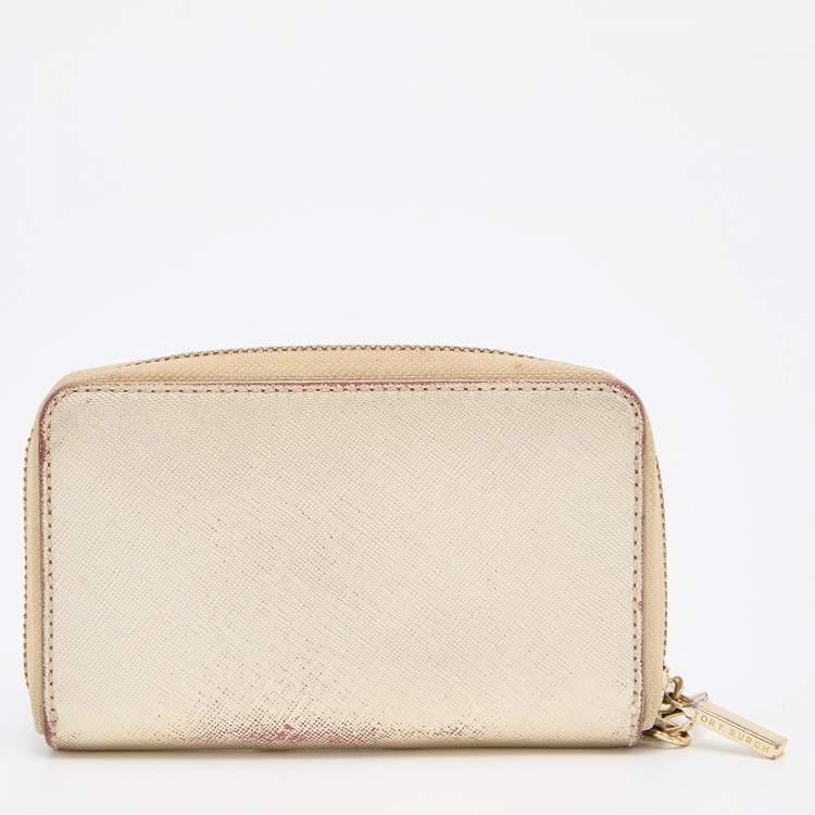 Pre Owned Tory Burch Gold Leather Zip Around Wristlet Wallet