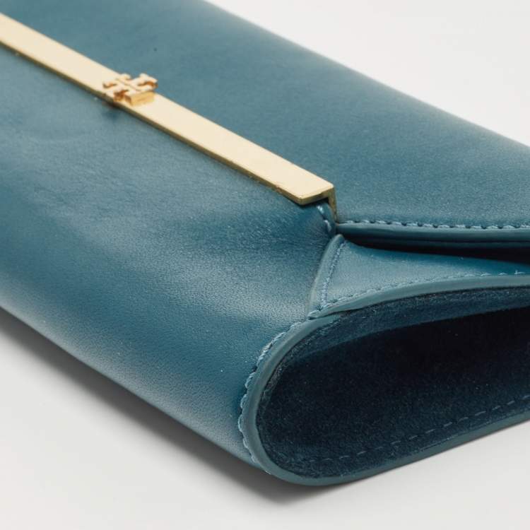 Pre Owned Tory Burch Teal Leather Envelope Flap Clutch