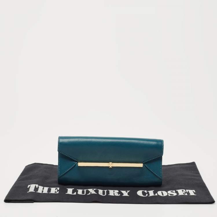 Pre Owned Tory Burch Teal Leather Envelope Flap Clutch
