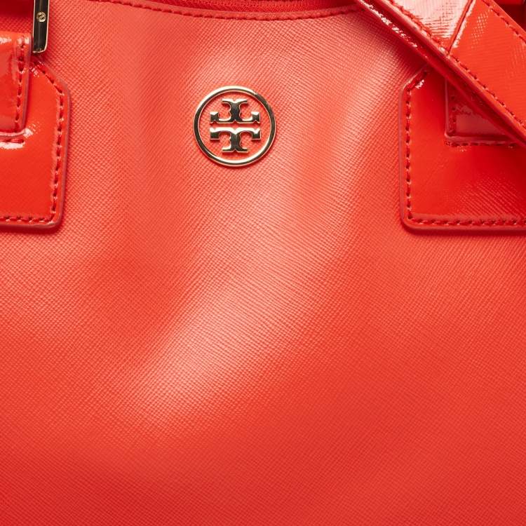 Pre Owned Tory Burch Orange Leather Robinson Double Zip Tote 