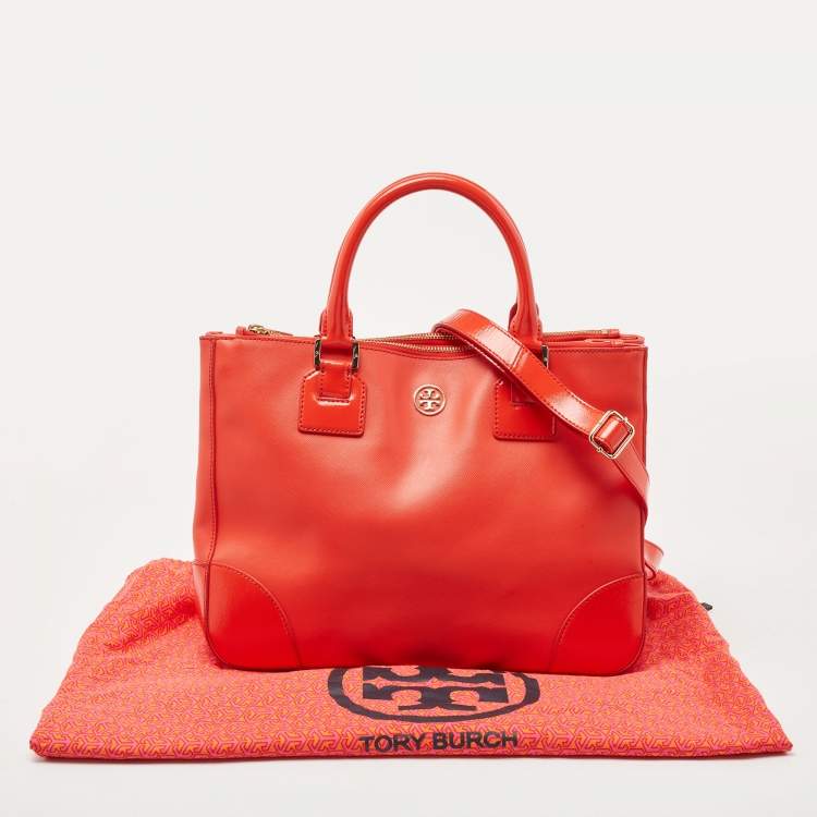 Pre Owned Tory Burch Orange Leather Robinson Double Zip Tote 