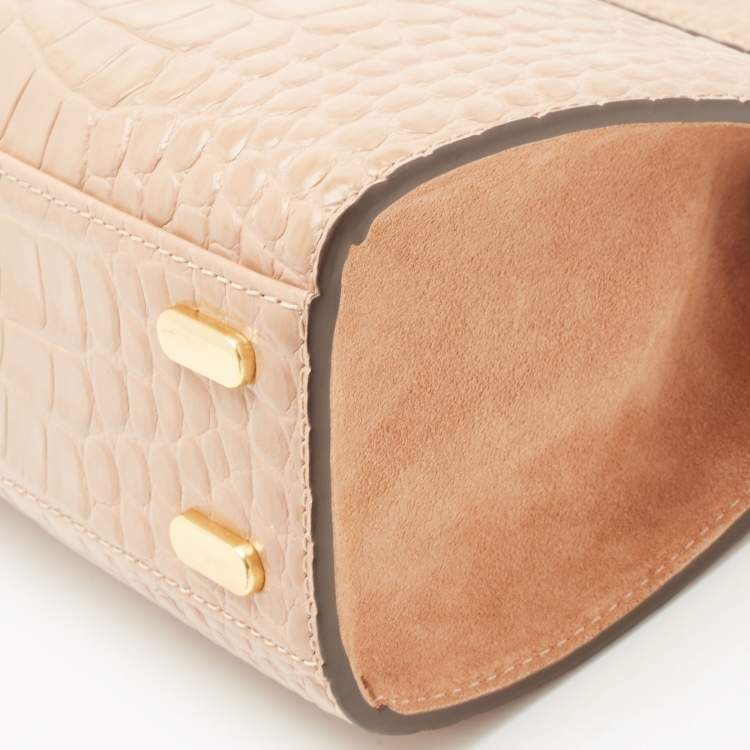 Pre Owned Tory Burch Beige Croc Embossed Leather Small Lee Radziwill Top Handle Bag