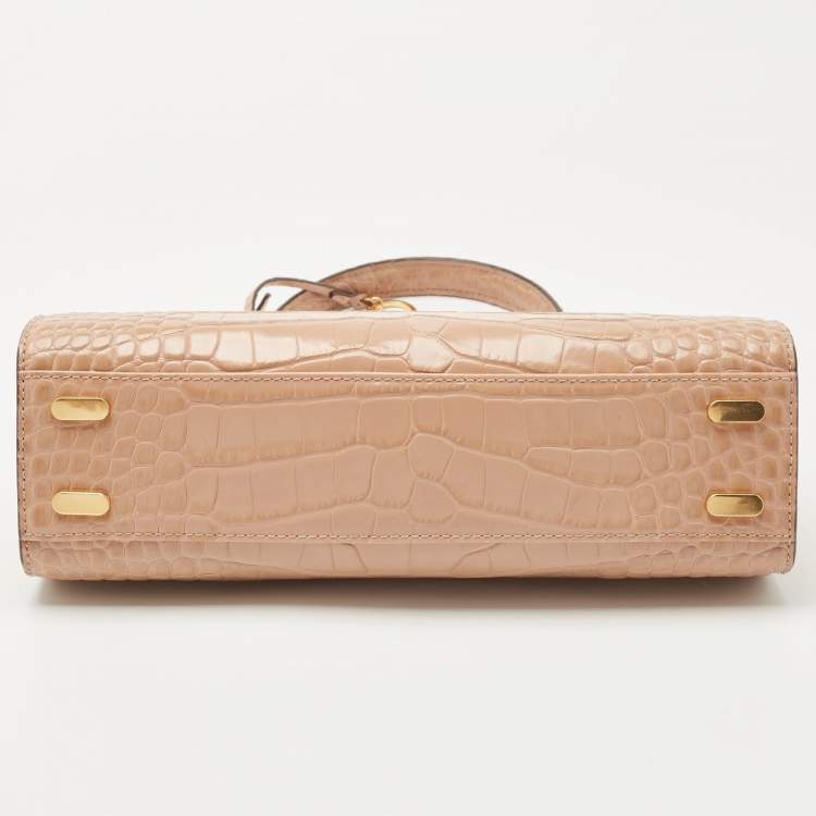 Pre Owned Tory Burch Beige Croc Embossed Leather Small Lee Radziwill Top Handle Bag
