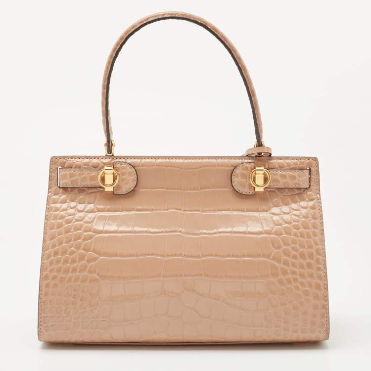 Pre Owned Tory Burch Beige Croc Embossed Leather Small Lee Radziwill Top Handle Bag