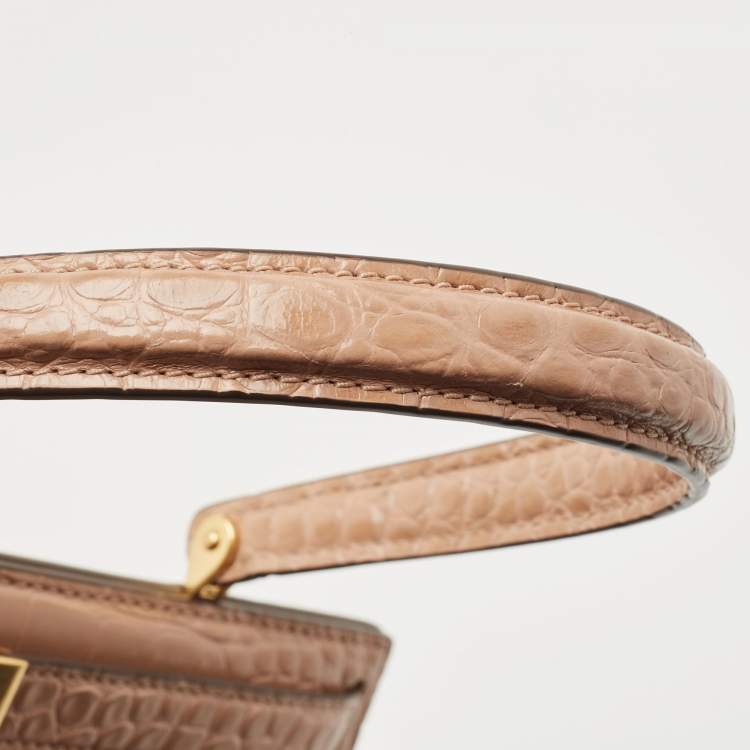 Pre Owned Tory Burch Beige Croc Embossed Leather Small Lee Radziwill Top Handle Bag