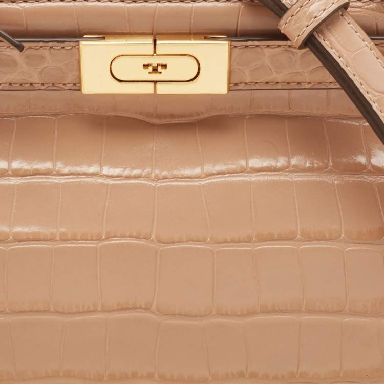 Pre Owned Tory Burch Beige Croc Embossed Leather Small Lee Radziwill Top Handle Bag