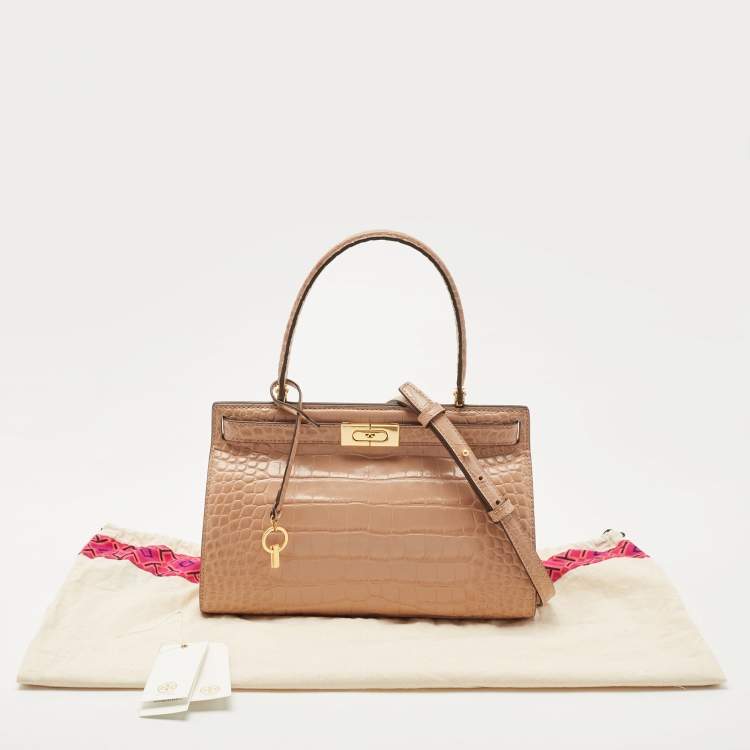 Pre Owned Tory Burch Beige Croc Embossed Leather Small Lee Radziwill Top Handle Bag