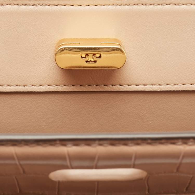 Pre Owned Tory Burch Beige Croc Embossed Leather Small Lee Radziwill Top Handle Bag