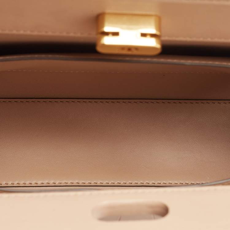 Pre Owned Tory Burch Beige Croc Embossed Leather Small Lee Radziwill Top Handle Bag
