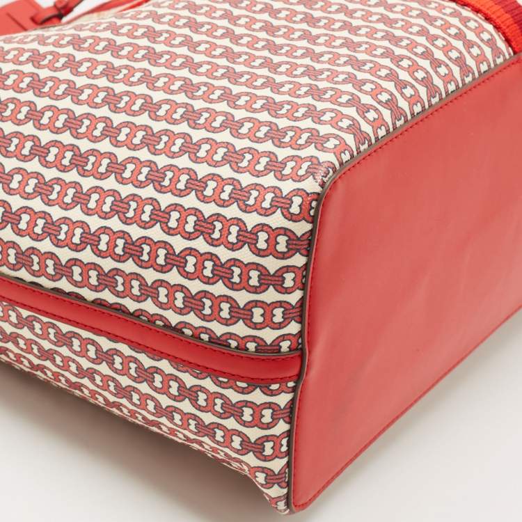 Pre Owned Tory Burch Red Coated Canvas Gemini Link Tote