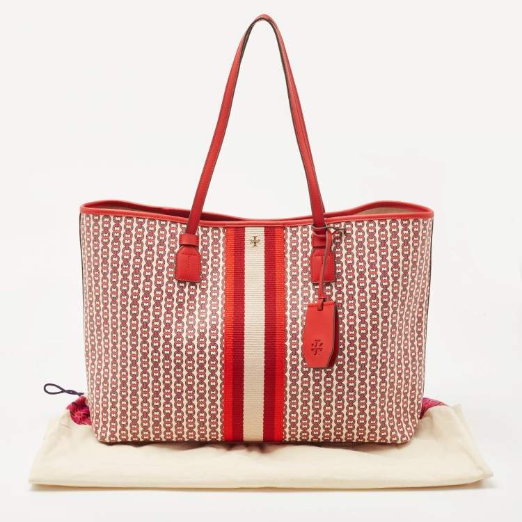 Pre Owned Tory Burch Red Coated Canvas Gemini Link Tote