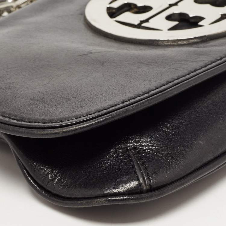 Pre Owned Tory Burch Black Leather Reva Logo Crossbody Bag