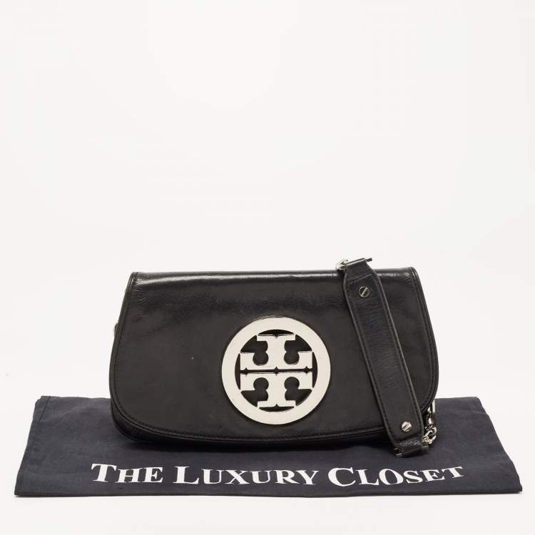 Pre Owned Tory Burch Black Leather Reva Logo Crossbody Bag