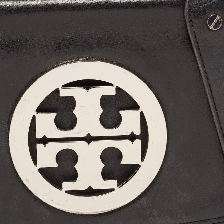 Pre Owned Tory Burch Black Leather Reva Logo Crossbody Bag