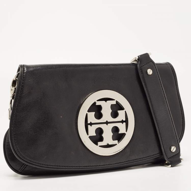 Pre Owned Tory Burch Black Leather Reva Logo Crossbody Bag