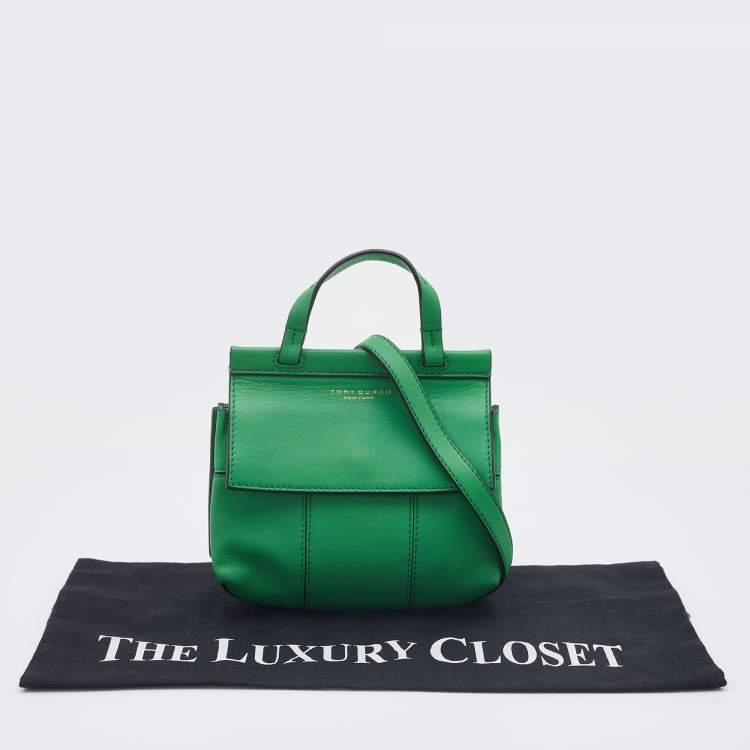 Pre Owned Tory Burch Green Leather Mini Block T Crossbody Bag