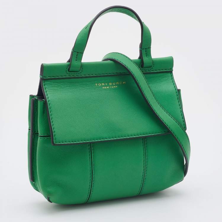 Pre Owned Tory Burch Green Leather Mini Block T Crossbody Bag