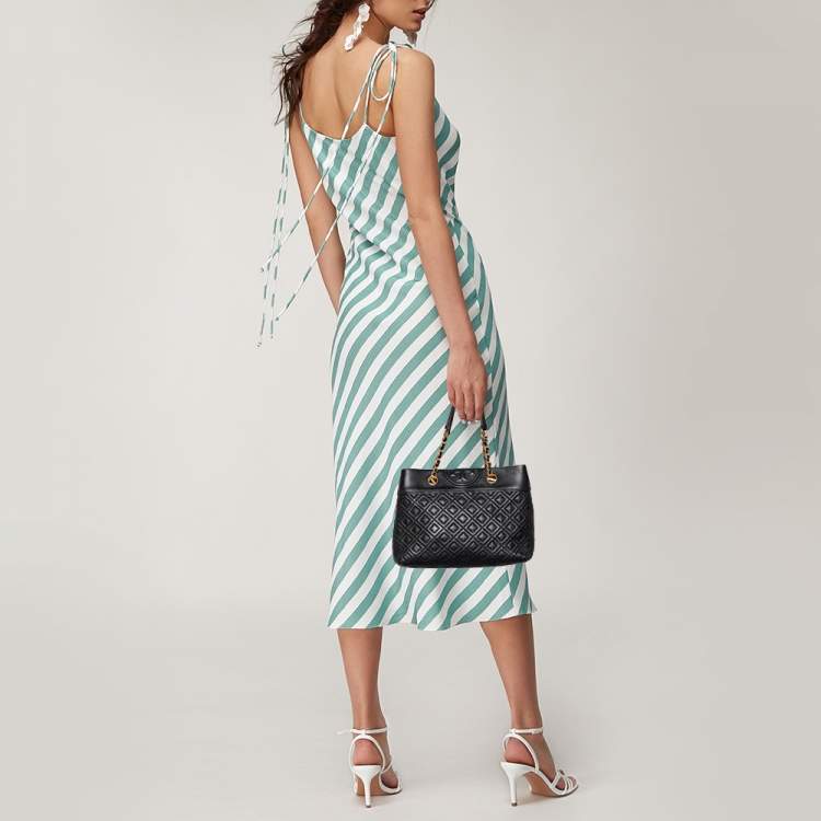 Pre Owned Tory Burch Black Quilted Leather Fleming Chain Tote