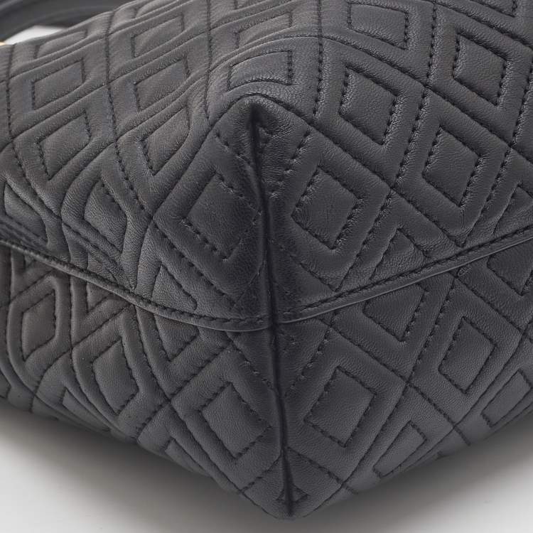 Pre Owned Tory Burch Black Quilted Leather Fleming Chain Tote