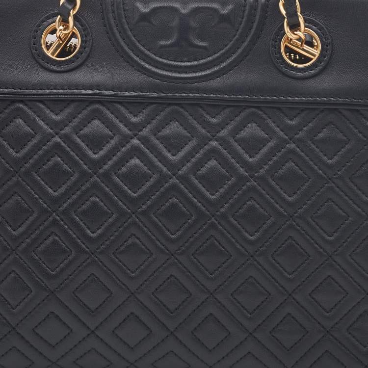 Pre Owned Tory Burch Black Quilted Leather Fleming Chain Tote