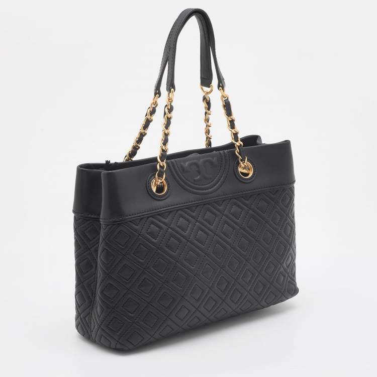 Pre Owned Tory Burch Black Quilted Leather Fleming Chain Tote