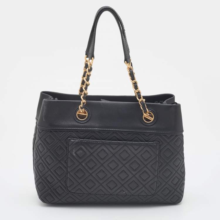 Pre Owned Tory Burch Black Quilted Leather Fleming Chain Tote