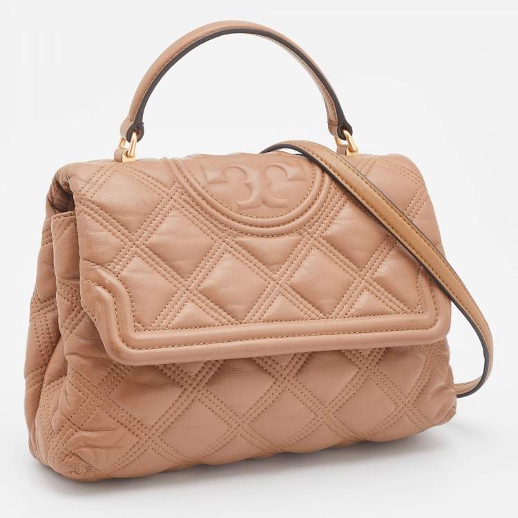 Pre Owned Tory Burch Beige Quilted Leather Fleming Soft Top Handle Bag