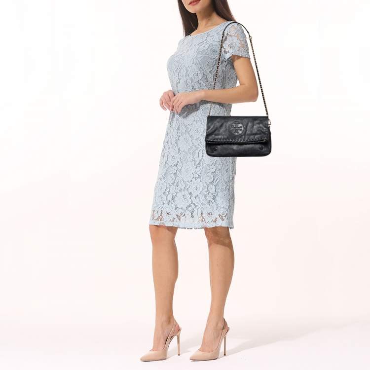 Pre Owned Tory Burch Black Gained Leather Whipstitch Fold Over Crossbody Bag