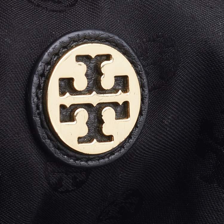 Pre Owned Tory Burch Black Gained Leather Whipstitch Fold Over Crossbody Bag