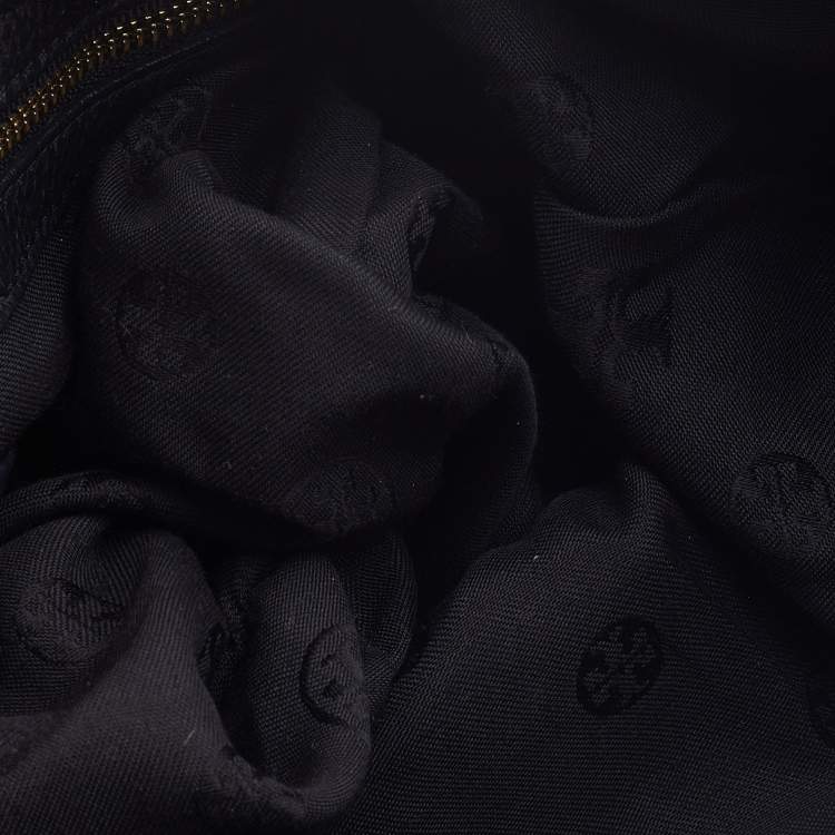 Pre Owned Tory Burch Black Gained Leather Whipstitch Fold Over Crossbody Bag