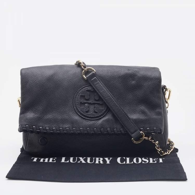 Pre Owned Tory Burch Black Gained Leather Whipstitch Fold Over Crossbody Bag