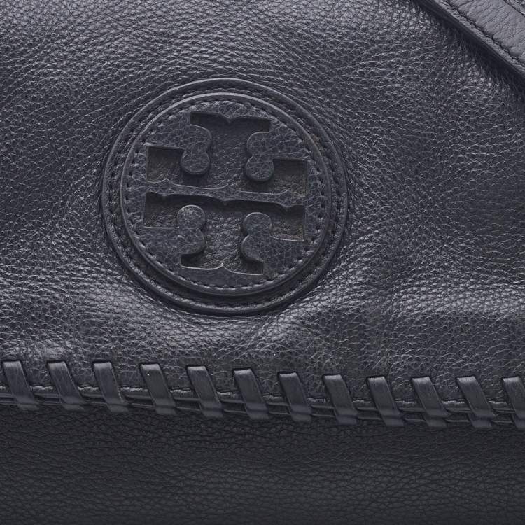 Pre Owned Tory Burch Black Gained Leather Whipstitch Fold Over Crossbody Bag