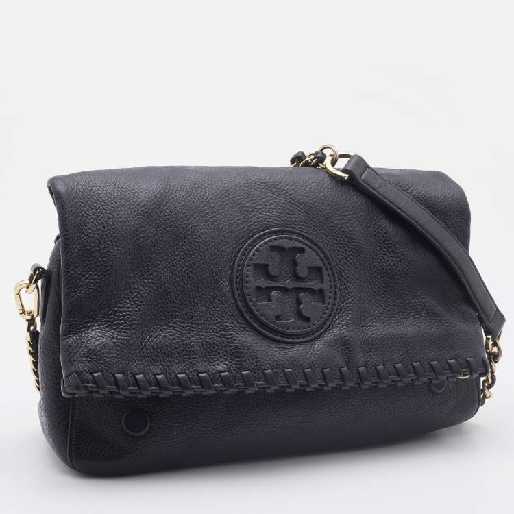 Pre Owned Tory Burch Black Gained Leather Whipstitch Fold Over Crossbody Bag