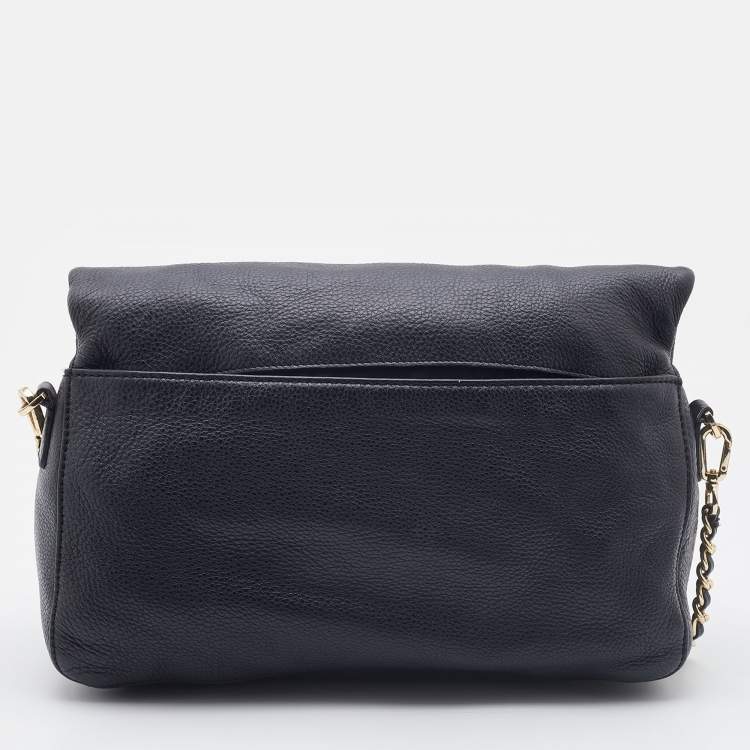 Pre Owned Tory Burch Black Gained Leather Whipstitch Fold Over Crossbody Bag