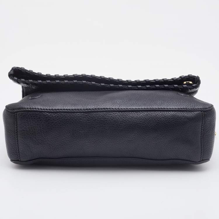 Pre Owned Tory Burch Black Gained Leather Whipstitch Fold Over Crossbody Bag