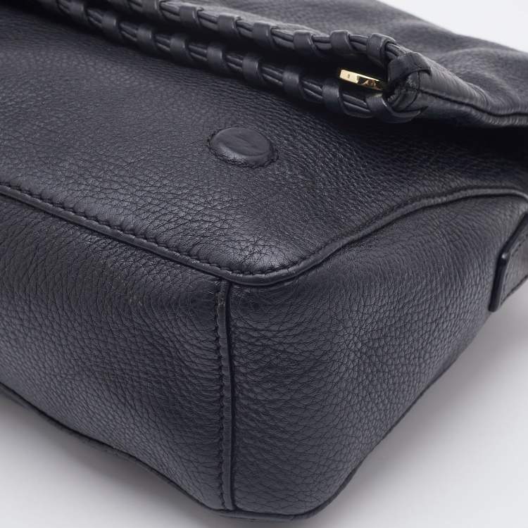 Pre Owned Tory Burch Black Gained Leather Whipstitch Fold Over Crossbody Bag